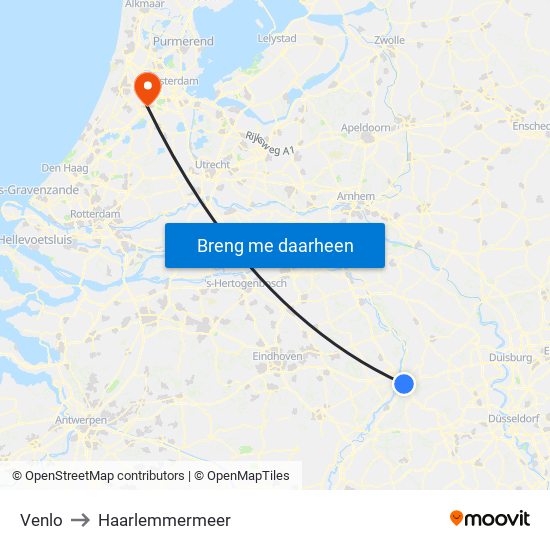 Venlo to Haarlemmermeer map