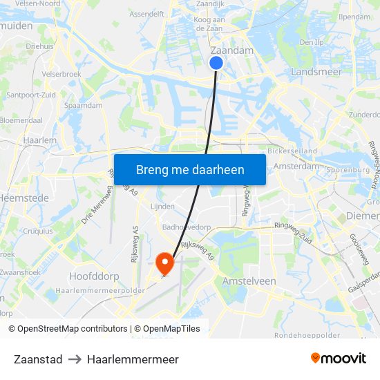 Zaanstad to Haarlemmermeer map