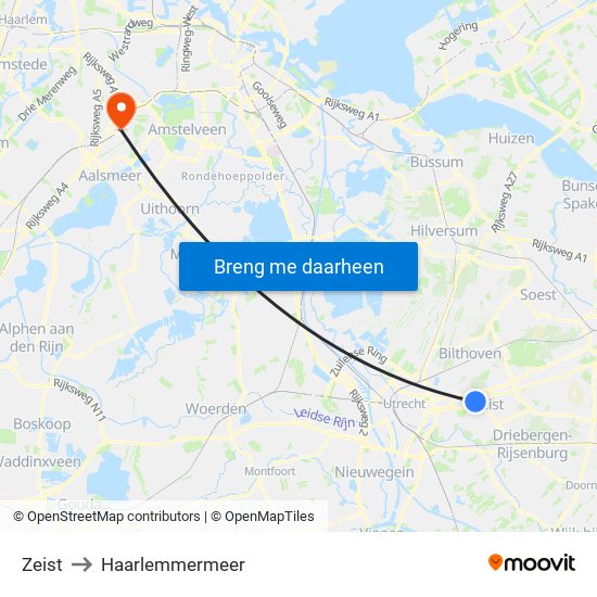 Zeist to Haarlemmermeer map