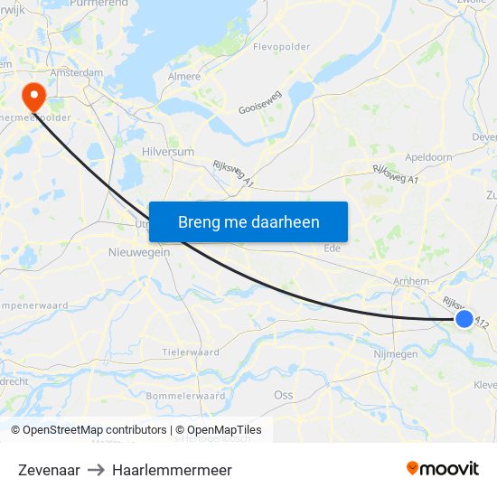 Zevenaar to Haarlemmermeer map