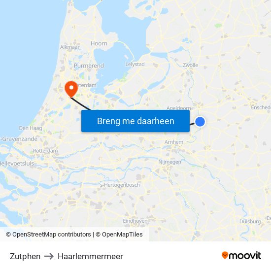 Zutphen to Haarlemmermeer map