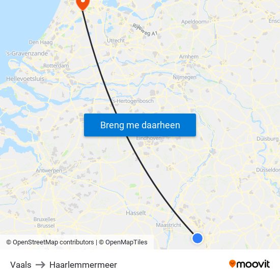 Vaals to Haarlemmermeer map