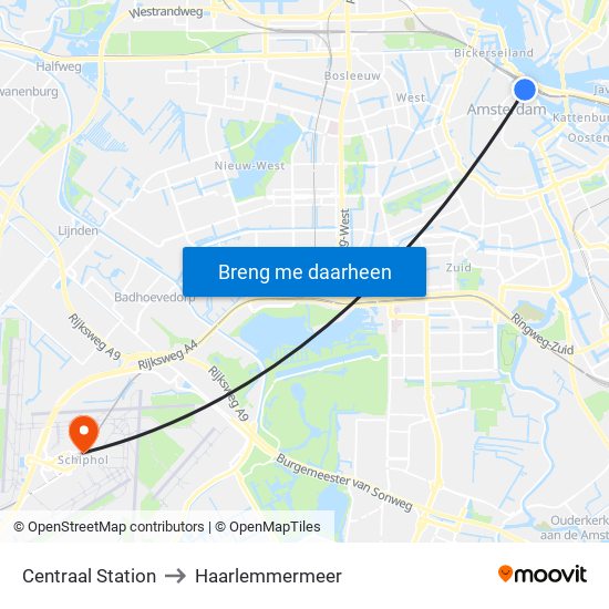 Centraal Station to Haarlemmermeer map