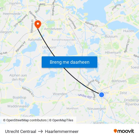 Utrecht Centraal to Haarlemmermeer map