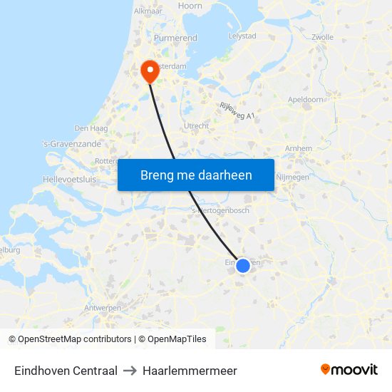 Eindhoven Centraal to Haarlemmermeer map