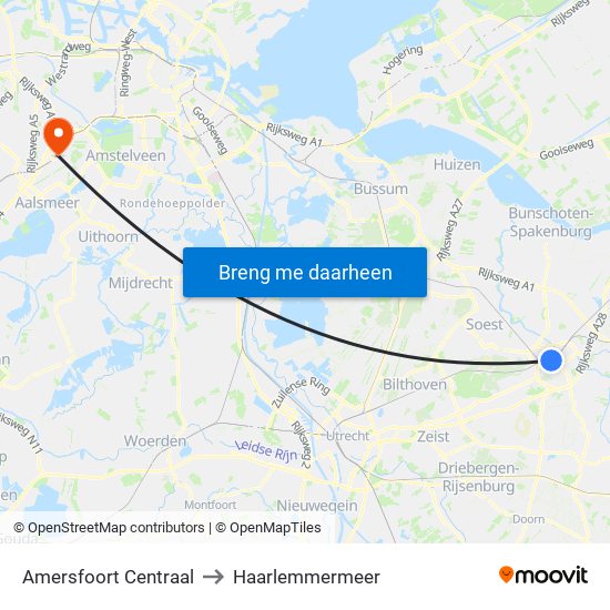 Amersfoort Centraal to Haarlemmermeer map