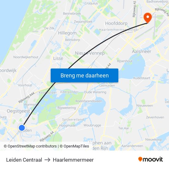 Leiden Centraal to Haarlemmermeer map