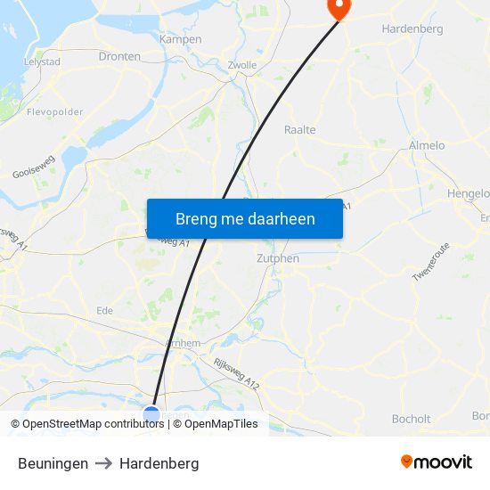Beuningen to Hardenberg map
