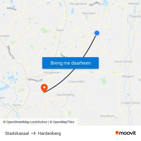 Stadskanaal to Hardenberg map