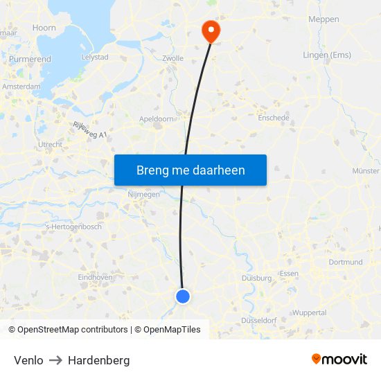 Venlo to Hardenberg map