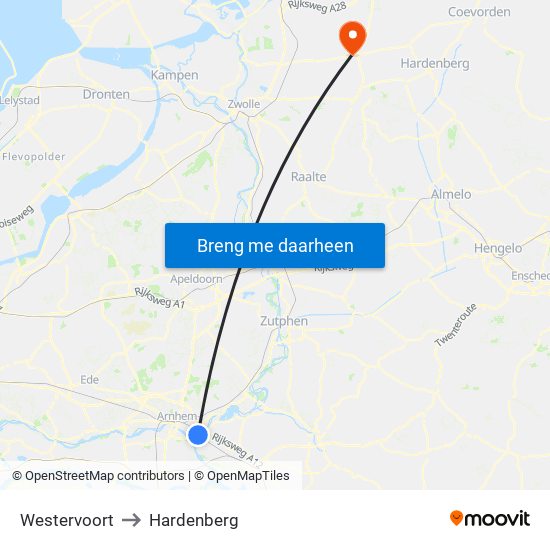 Westervoort to Hardenberg map
