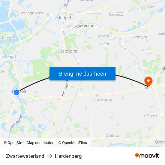 Zwartewaterland to Hardenberg map