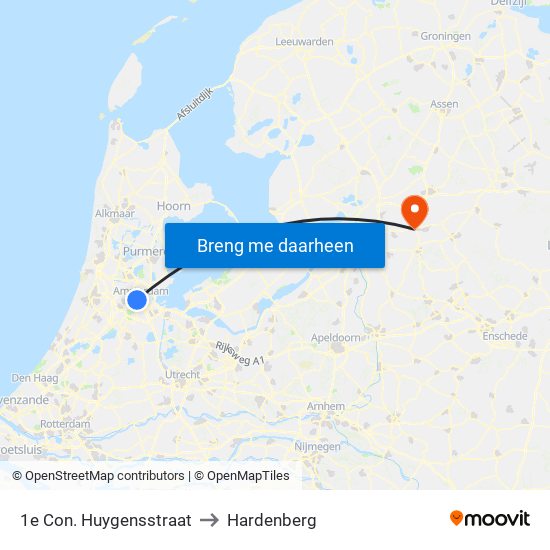 1e Con. Huygensstraat to Hardenberg map