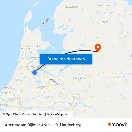 Amsterdam Bijlmer Arena to Hardenberg map