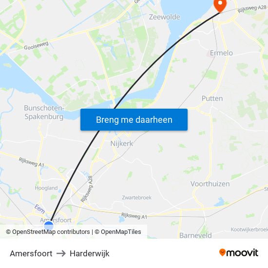 Amersfoort to Harderwijk map