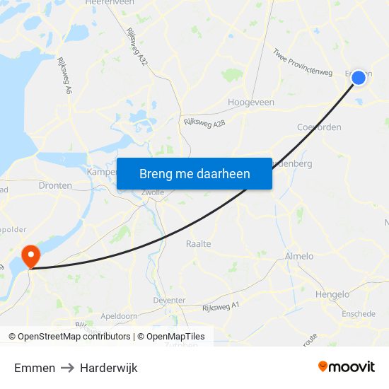 Emmen to Harderwijk map