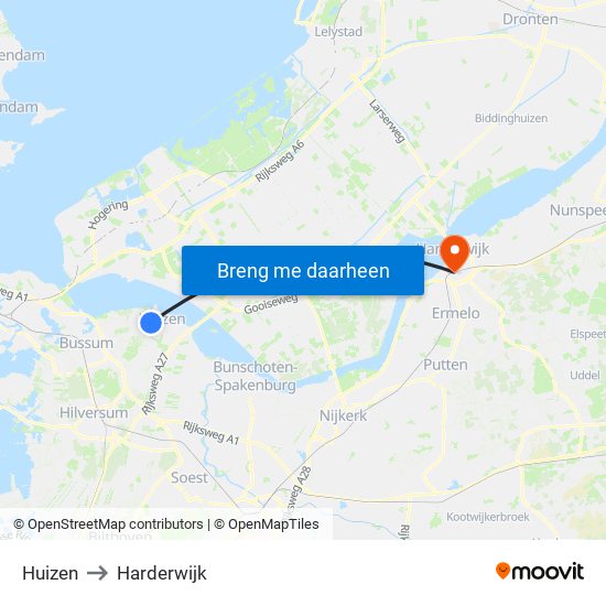 Huizen to Harderwijk map