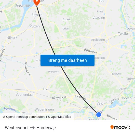 Westervoort to Harderwijk map