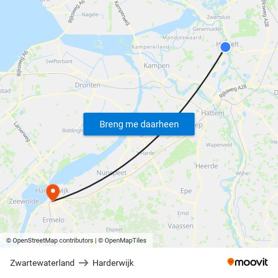 Zwartewaterland to Harderwijk map