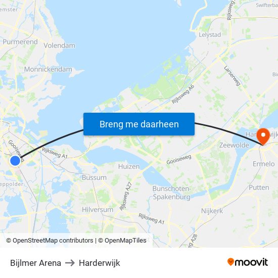 Bijlmer Arena to Harderwijk map