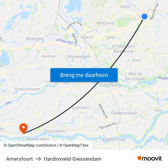 Amersfoort to Hardinxveld-Giessendam map