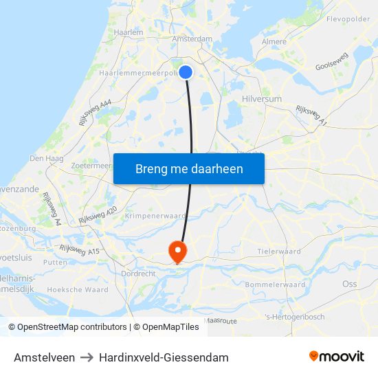 Amstelveen to Hardinxveld-Giessendam map