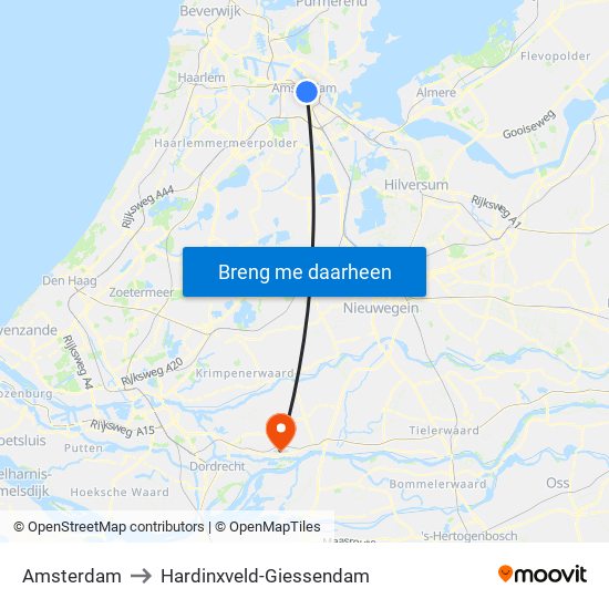 Amsterdam to Hardinxveld-Giessendam map