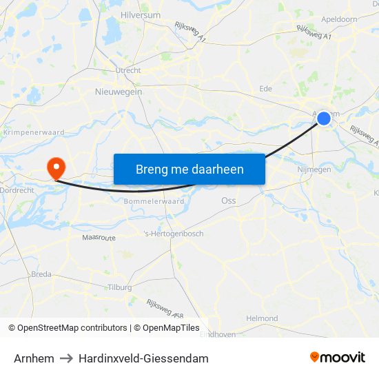 Arnhem to Hardinxveld-Giessendam map