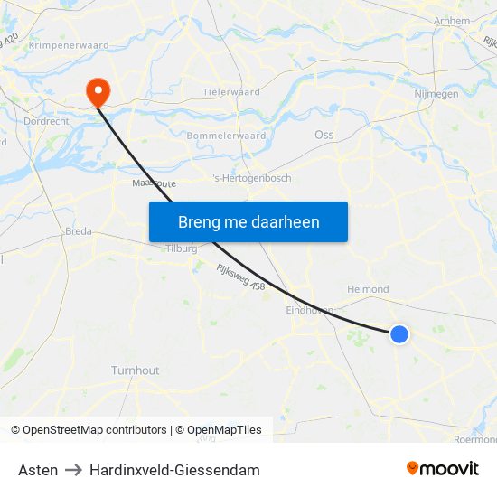 Asten to Hardinxveld-Giessendam map