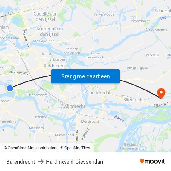 Barendrecht to Hardinxveld-Giessendam map