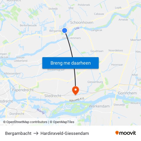 Bergambacht to Hardinxveld-Giessendam map