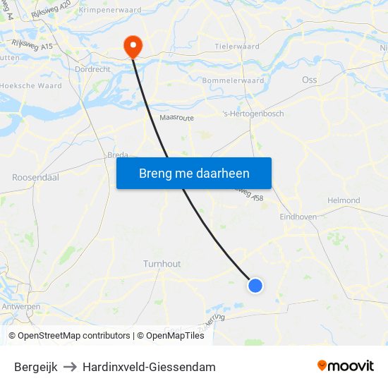 Bergeijk to Hardinxveld-Giessendam map