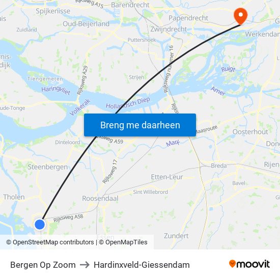 Bergen Op Zoom to Hardinxveld-Giessendam map