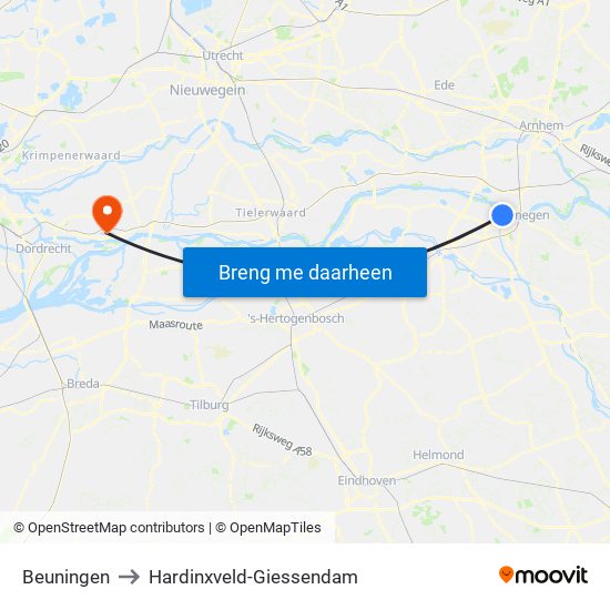Beuningen to Hardinxveld-Giessendam map