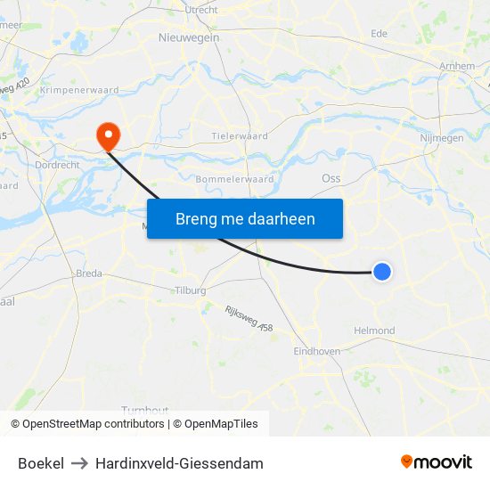 Boekel to Hardinxveld-Giessendam map