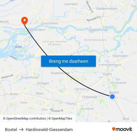 Boxtel to Hardinxveld-Giessendam map