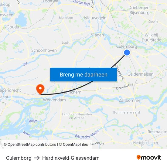 Culemborg to Hardinxveld-Giessendam map
