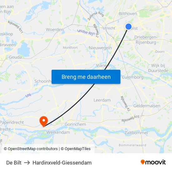 De Bilt to Hardinxveld-Giessendam map