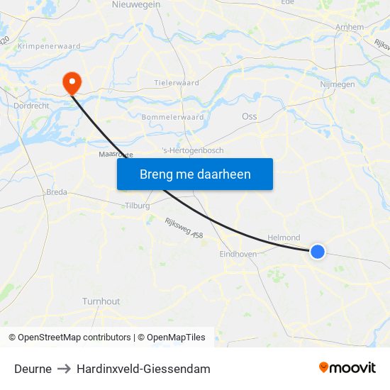 Deurne to Hardinxveld-Giessendam map