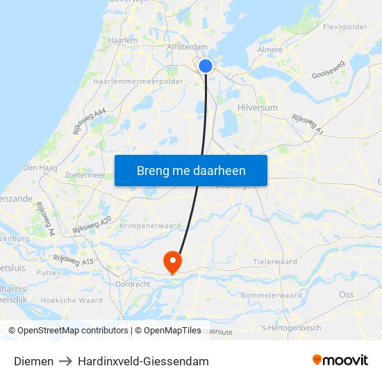 Diemen to Hardinxveld-Giessendam map