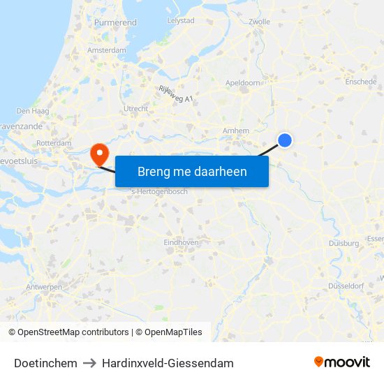 Doetinchem to Hardinxveld-Giessendam map