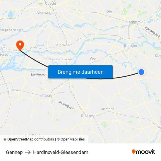Gennep to Hardinxveld-Giessendam map