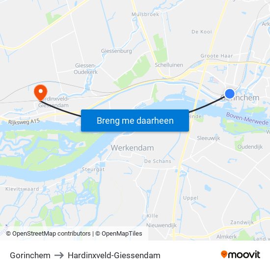 Gorinchem to Hardinxveld-Giessendam map