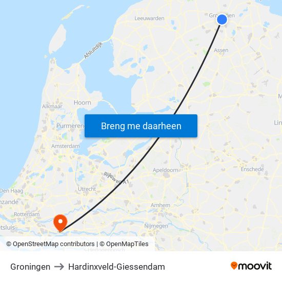 Groningen to Hardinxveld-Giessendam map