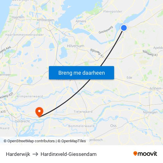 Harderwijk to Hardinxveld-Giessendam map