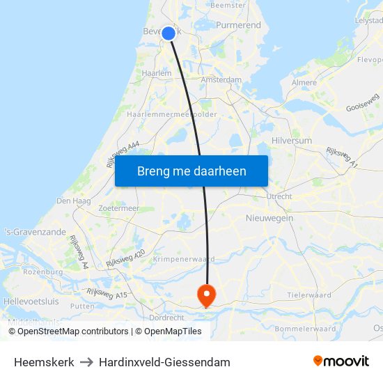 Heemskerk to Hardinxveld-Giessendam map