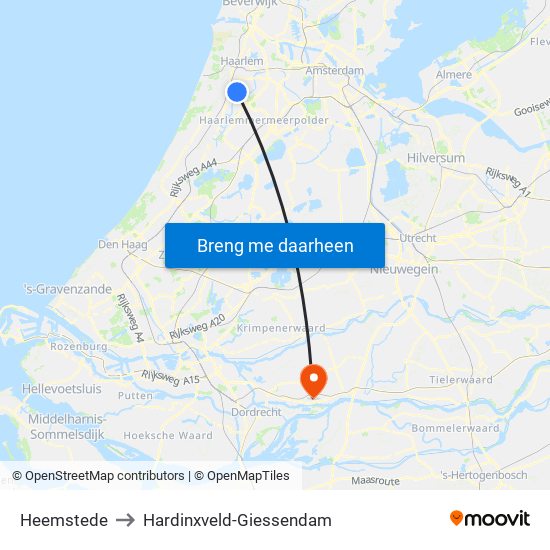 Heemstede to Hardinxveld-Giessendam map