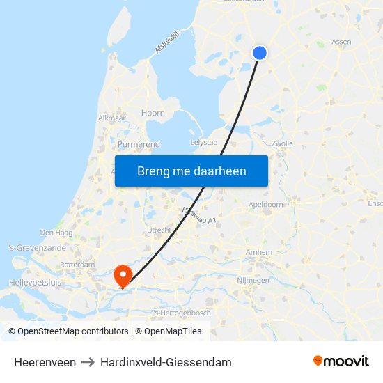 Heerenveen to Hardinxveld-Giessendam map
