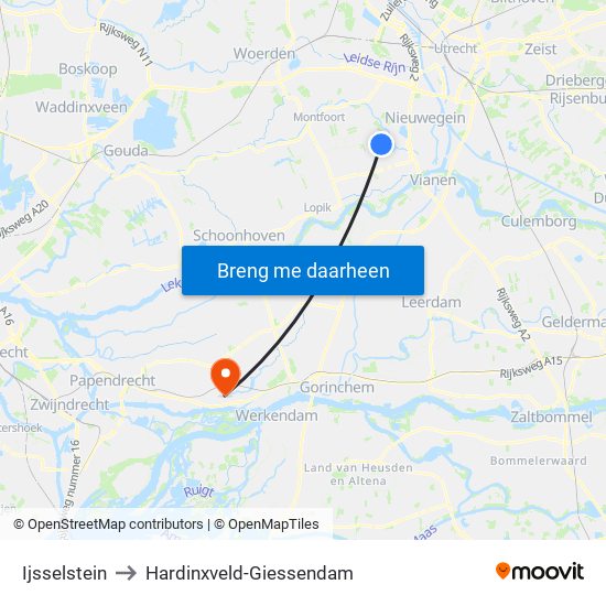Ijsselstein to Hardinxveld-Giessendam map