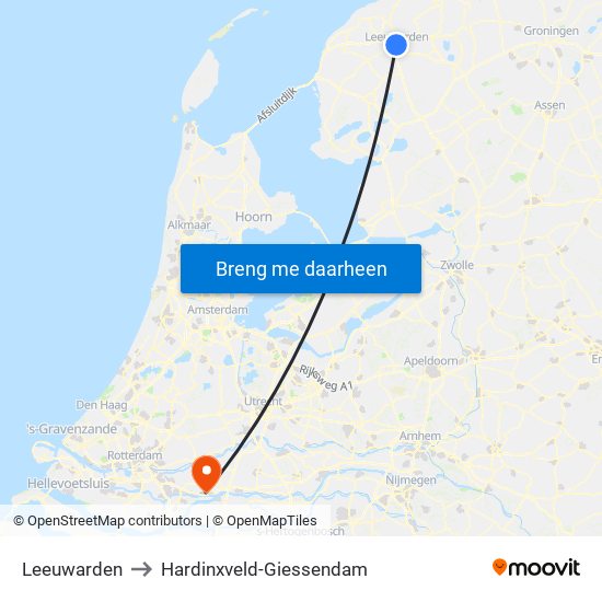 Leeuwarden to Hardinxveld-Giessendam map